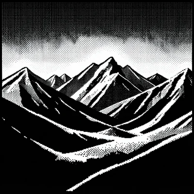 1-bit dithered illustration, mountain landscape vista , black and white only, di