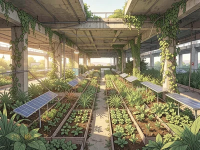 Market garden on a former parking structure — rows of crops, solar collectors be