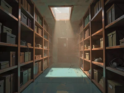 Basement archive vault with rolling shelves, single emergency-skylight shaft thr
