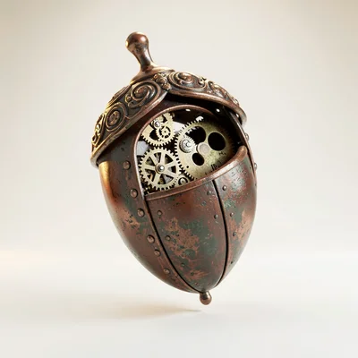 Ornate prop study of a clockwork acorn that splits open to reveal gears