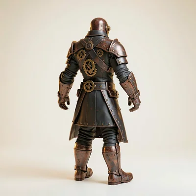 Game character tile of an antagonist warlord in segmented dark steel, full turna