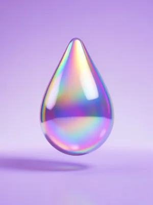 A single oversized water-drop shape in iridescent rainbow finish, floating above