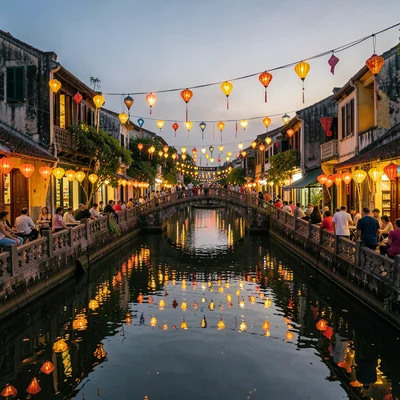Hoi An lantern glow, silk amber on water, bridge over canal crowded with evening