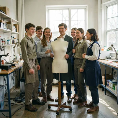 Wide ensemble student-artist portrait gathered around a mannequin at the lab, pa