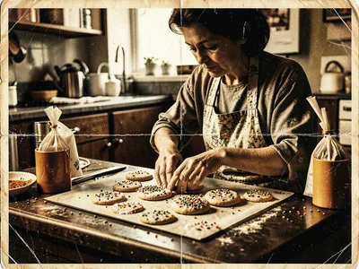 Person frosting sugar cookies at counter, sprinkles, icing bags