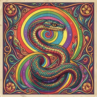 Psychedelic poster illustration, a snake coiling through rainbow dimensions , vi