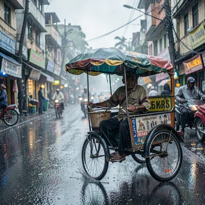 Kinetic density of Dhaka, Bangladesh, Rickshaw puller waiting for fare in rain, 