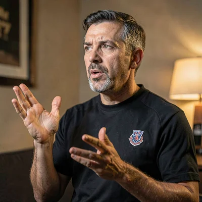 Lamp-lit portrait of a coach gesturing with one hand to indicate breath support,