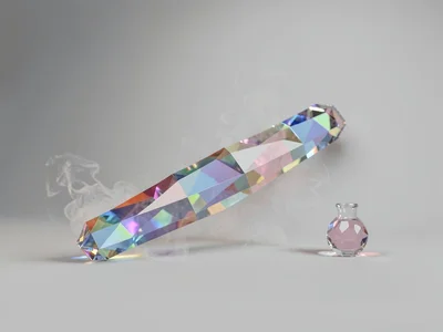 Quiet smoky lowpoly level with a long faceted body and a tiny crystalline bubble