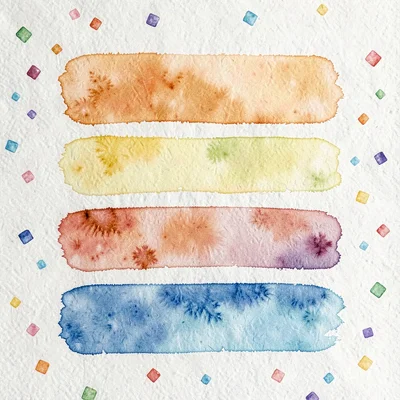 Gouache illustration of a swatch card with seven graded watercolor washes, soft