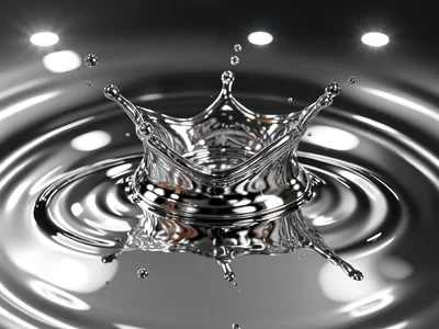 Mercury-like liquid metal pool surface, perfect mirror reflecting ceiling lights