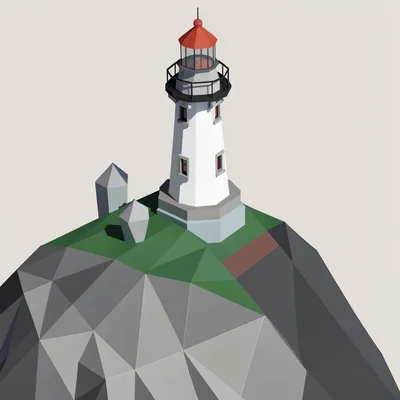 Low-poly illustration, low-poly lighthouse on cliff , faceted geometric surfaces