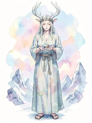 NPC concept of a wandering glacier-priestess in pale antler crown and snow-stain