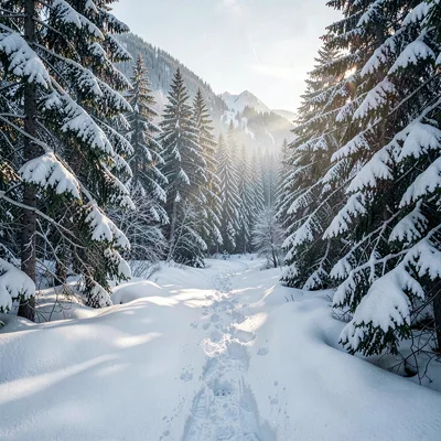 Crisp Alpine clarity, formal composition, Dense evergreen forest with fresh snow
