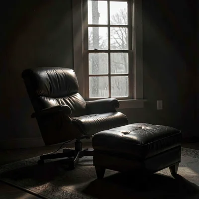 Atmospheric charcoal of a lounge chair and ottoman silhouetted against a tall wi