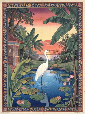 Lily pond at sunset, a single white heron, banana leaves framing the water