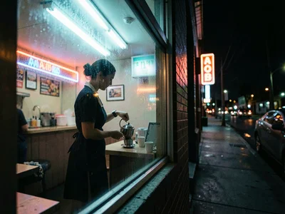 Waitress silhouette through fogged diner window