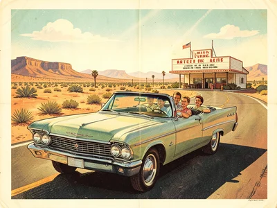 A family in a convertible on a highway, desert scenery, drive-in restaurant ahea