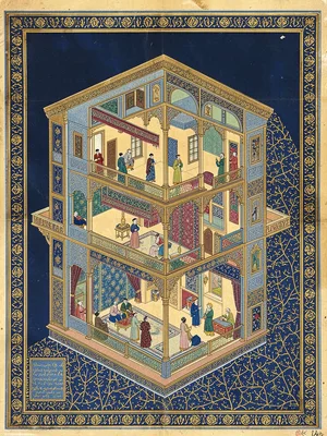 Architectural cross-section of a multi-storey palace interior with figures