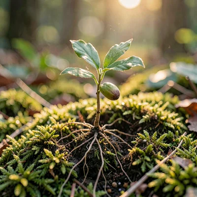 Single oak seedling pushing through moss-covered soil, soft warm lamp light, roo