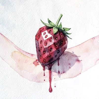A faceted ruby-red lowpoly strawberry with a tiny green-leaved cap and crimson c
