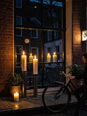 Bicycle rhythm through Copenhagen, three thick candles at different heights, the