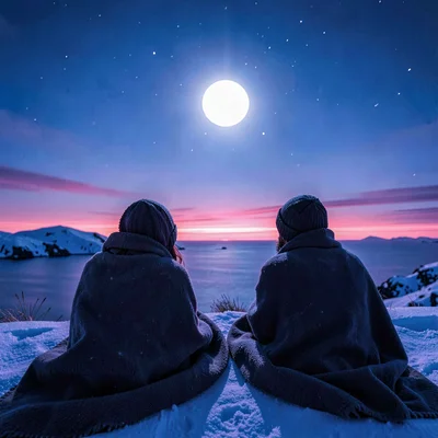Polar liminal light, extended blue hours, A couple wrapped in blankets watching 