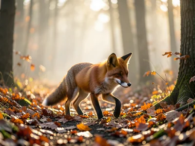 Red fox walking through a misty autumn forest, fallen leaves on the ground
