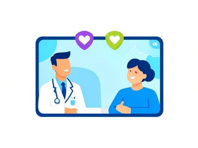 A doctor on a video call with a patient, health icons floating between their scr