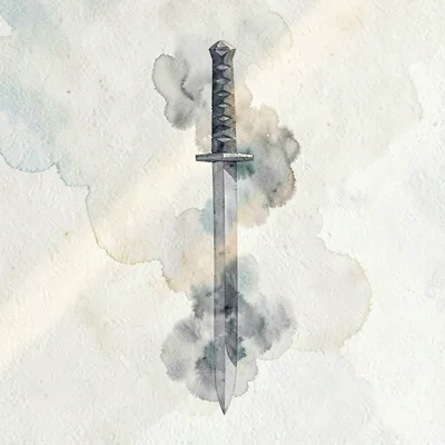 Quiet smoky lowpoly katana stood point-down with a slim grey faceted blade catch