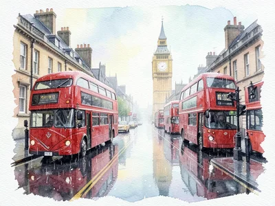 A rainy London street: red buses as quick wet brushstrokes, Big Ben suggested in