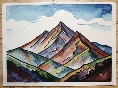 Mountain summit view — valley, ridge, and sky in three bold passes, mist as bare