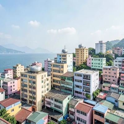 Busan vertical density, hillside village stacking, rooftop water tanks against s