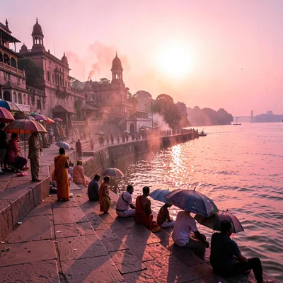 Varanasi ghat dawn, Ganges pink-gold light, umbrella shadows on morning steps, p