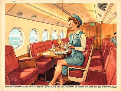 A stewardess serving champagne in a spacious first-class cabin, wide seats, roun