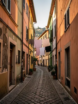 Narrow cobblestone alley in an Italian hill town, laundry strung between pastel 