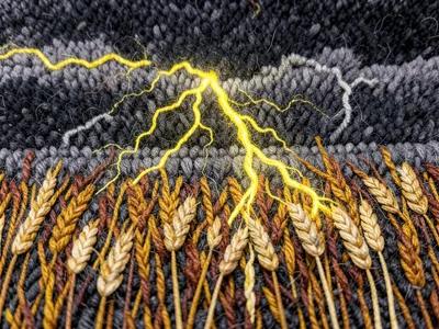 A thunderstorm over a wheat field, lightning as bright yellow yarn against dark 