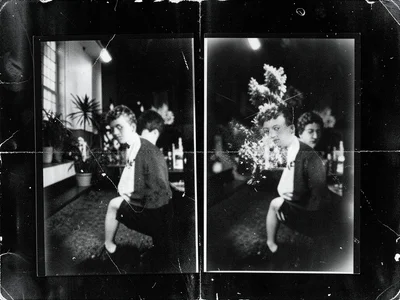 A double-printed photograph: two negatives sandwiched, creating a ghostly overla