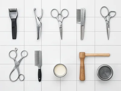 A barber's tools: clippers, scissors, straight razor, comb, brush, lather bowl, 