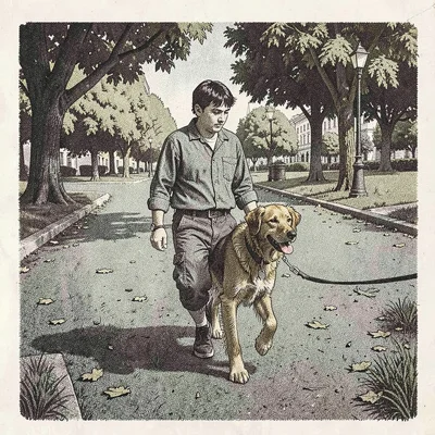Risograph-style illustration, dog walking in park , spot color layer simulation,