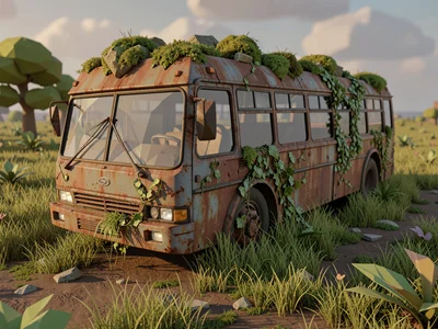 Tilted lowpoly bus rusting quietly in a meadow with chunky moss patches on the r