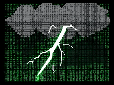 A thunderstorm with lightning bolt as a jagged white slash through dense grey ch