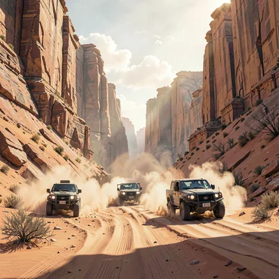Painterly mission vista of a desert canyon ambush with sand kicked up by chase v
