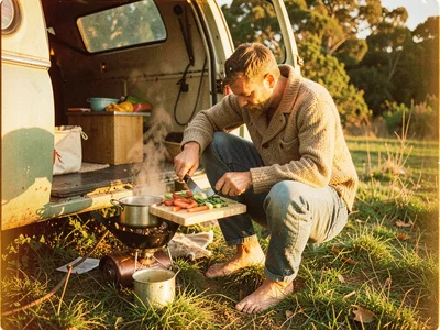 Van life cooking barefoot