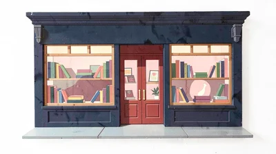 Gouache illustration, bookshop storefront , opaque matte pigment, flat color are