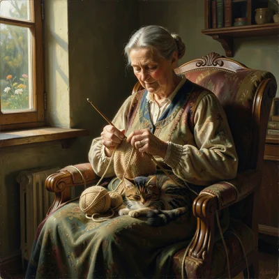 A grandmother knitting in an armchair, yarn and needles catching light, a cat sl