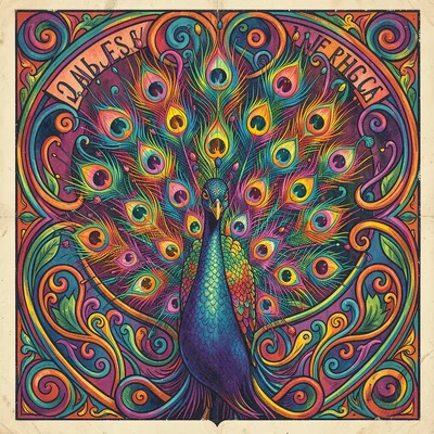 Psychedelic poster illustration, a peacock with tail of psychedelic eyes , vibra