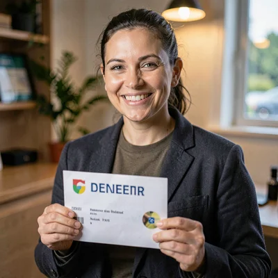 Portrait of a smiling new driver holding a learner's permit envelope, single war