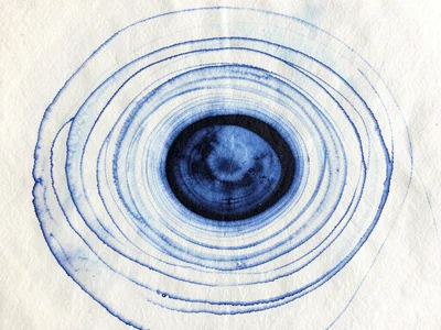 Saturn's rings as thin concentric arcs of floating ink with the planet as a dens