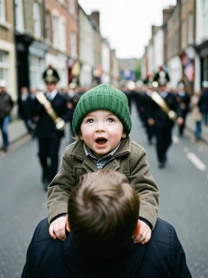 Child in a green knit hat watching the parade from a parent's shoulders, face fu